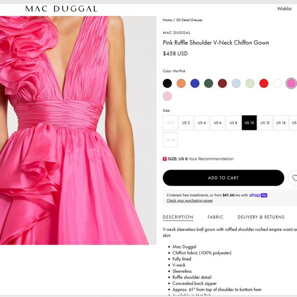 Mac Duggal 48856 Size 10 Hot PInk Ruffle V-Neck Chiffon Ballgown Gown Maxi Dress - Picture 2 of 6